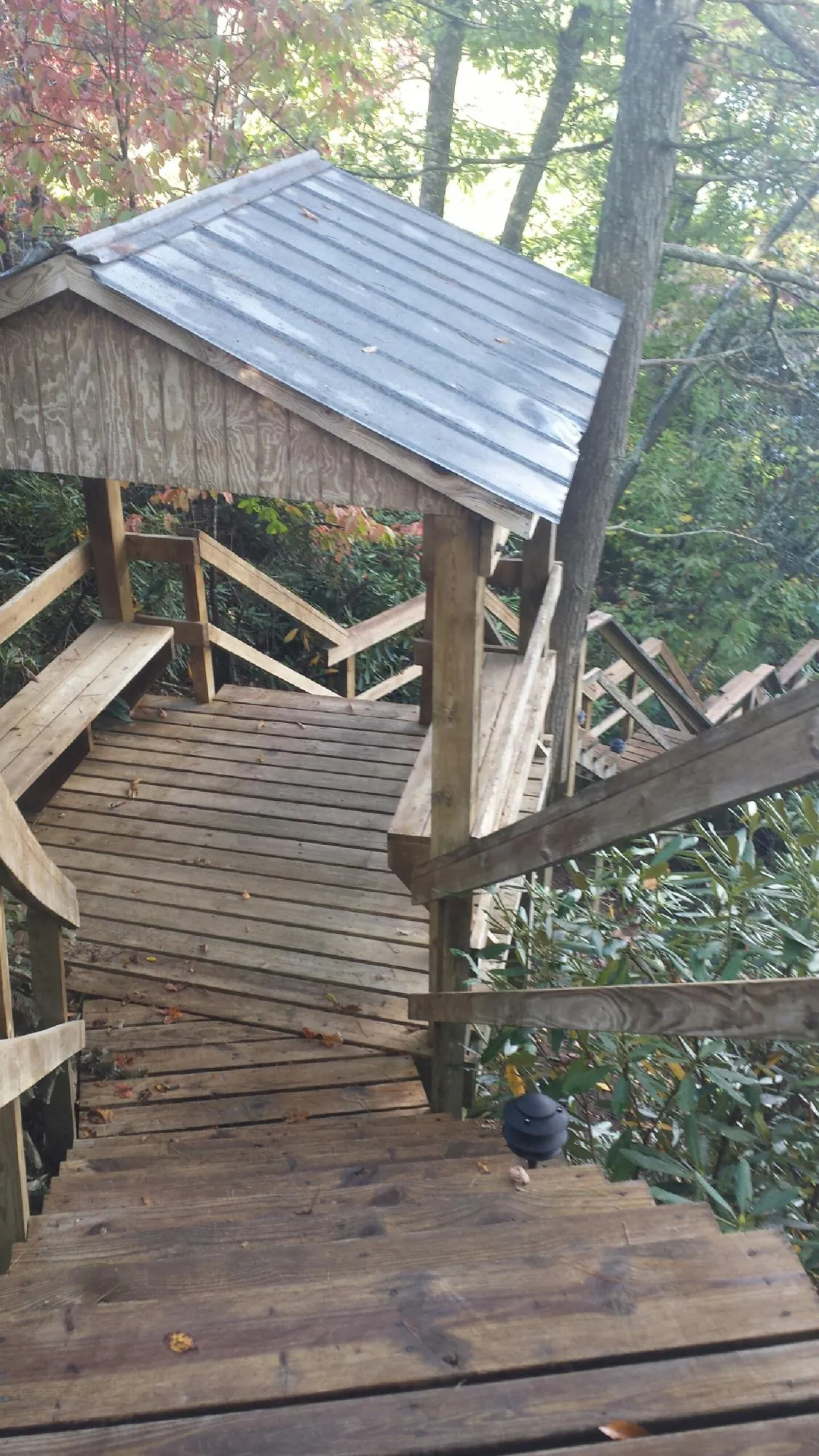 Metal roofed shelter over wooden steps on a wooded walkway — Skylight Repair & Installation work by our crew in Saint Johns